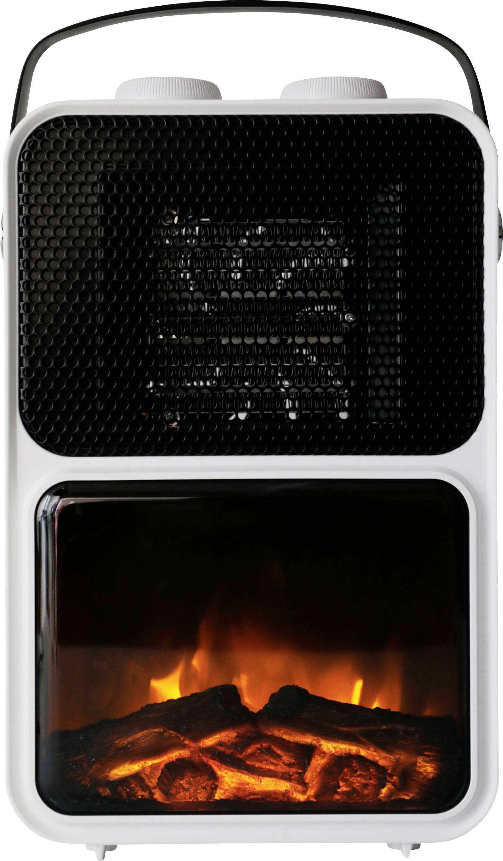 Radiateur électrique portable avec poignée, grille noire et affichage réaliste de flammes incandescentes au bas