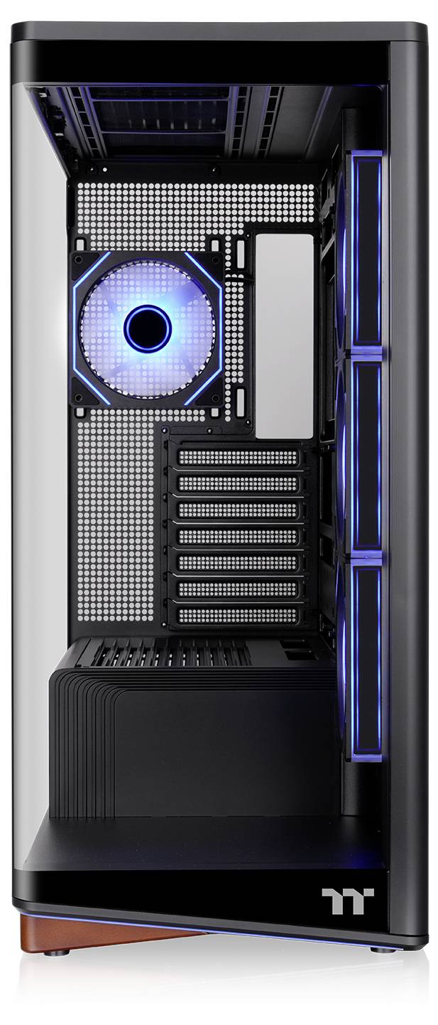 Vue de face d'un boîtier de tour PC noir avec panneau latéral transparent, ventilateurs illuminés en bleu, baies de lecteur et zone de montage de la carte mère interne.