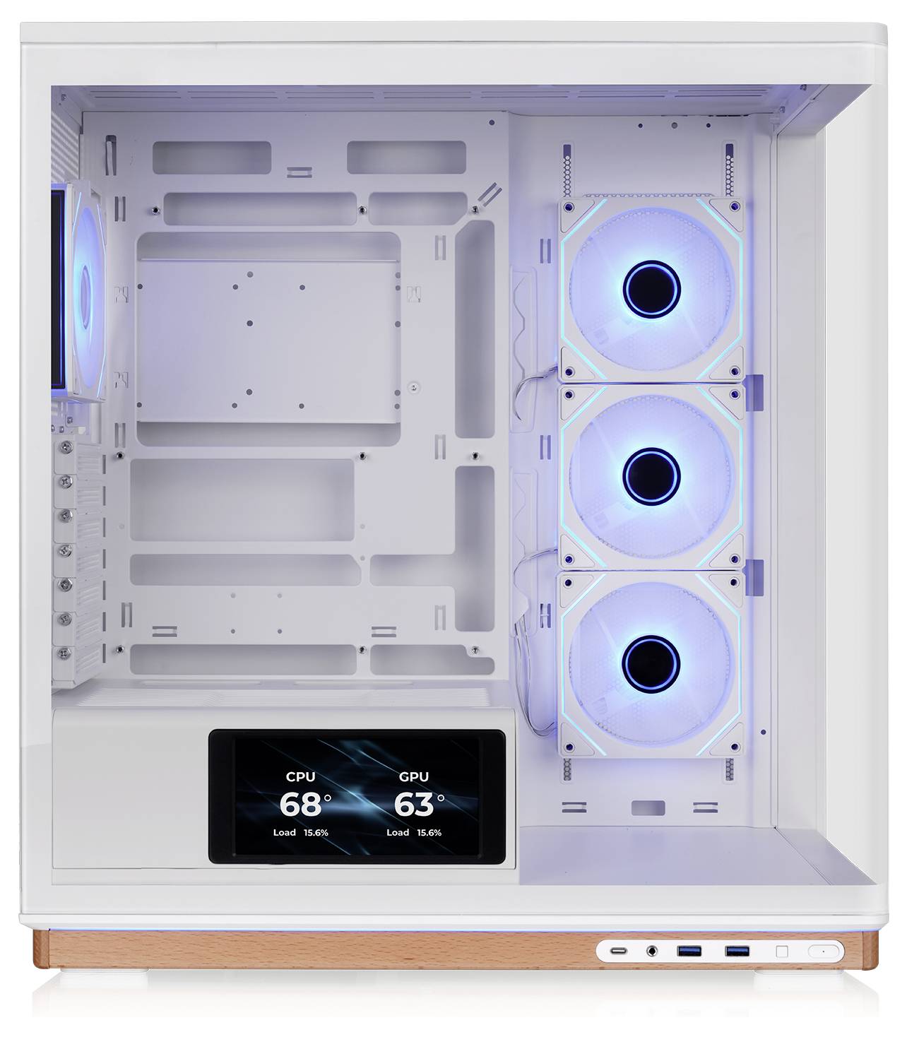 Intérieur d'un boîtier PC de bureau blanc avec trois ventilateurs avant éclairés en bleu et un affichage montrant CPU 68° et GPU 63°