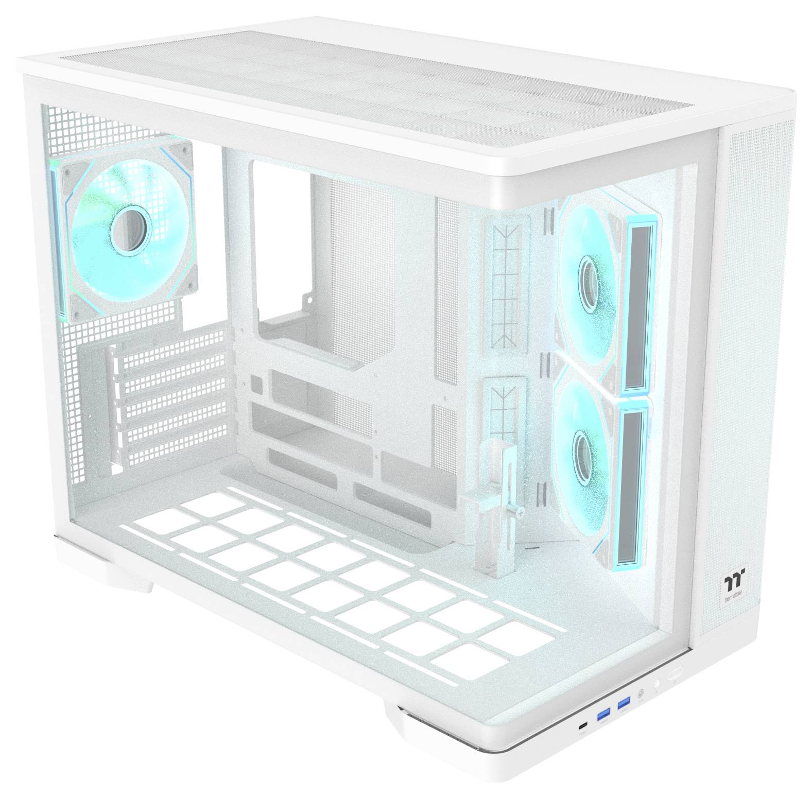 Boîtier de tour PC blanc avec panneau latéral en verre teinté et ventilateurs de refroidissement éclairés en cyan, présenté vide pour mettre en évidence la disposition interne et la circulation d'air.