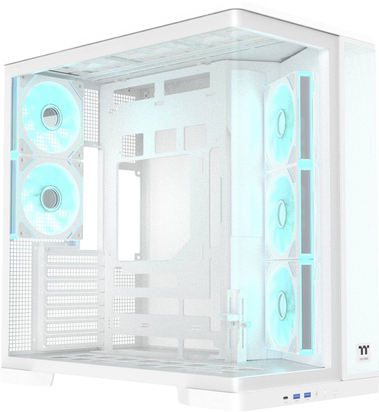 Boîtier de tour PC de bureau blanc avec panneaux latéraux transparents et ventilateurs éclairés par des LED bleues à l'intérieur.