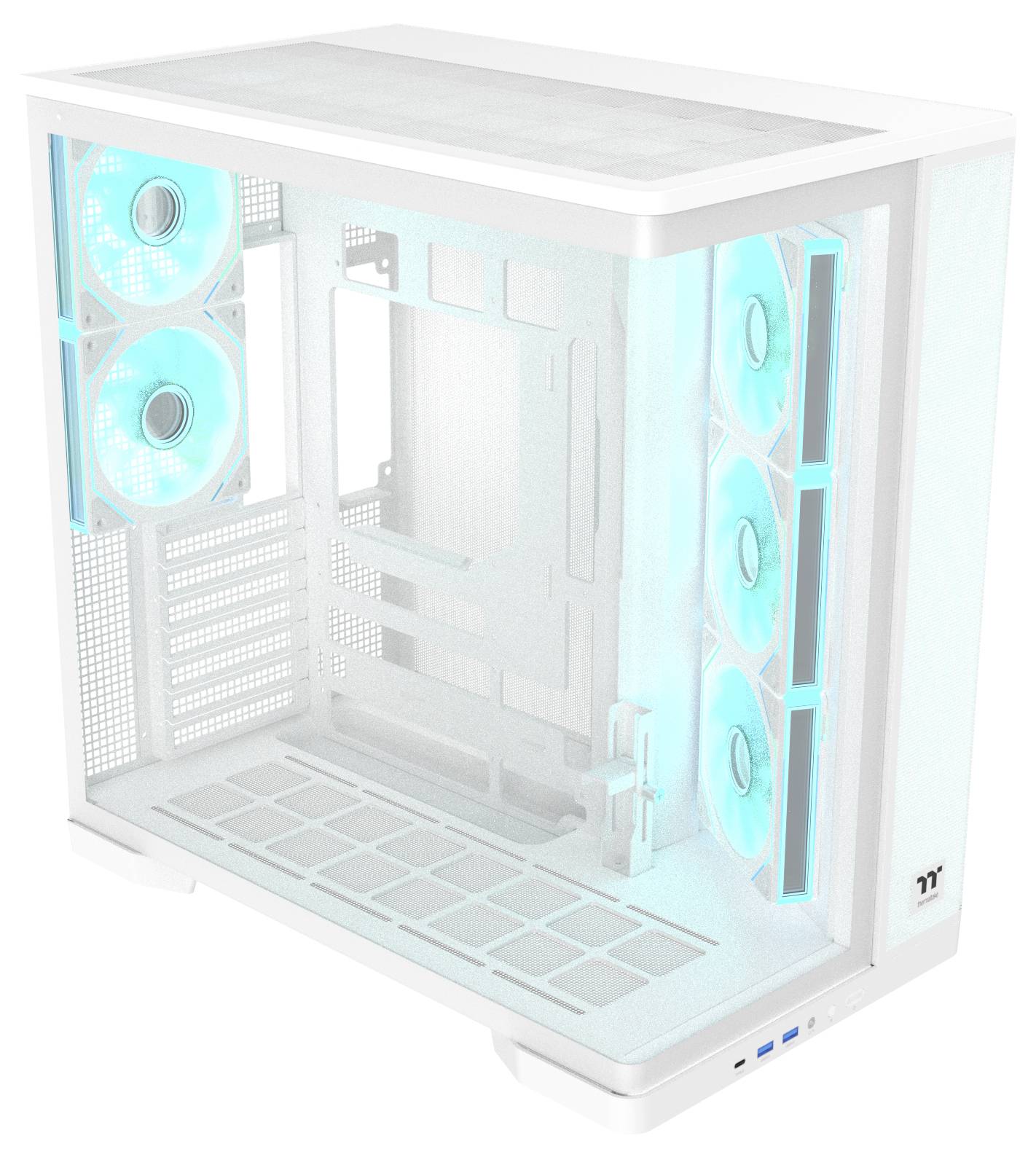 Boîtier tour PC de bureau blanc avec panneau latéral transparent et ventilateurs RGB cyan luminescent, montré vide à l'intérieur.
