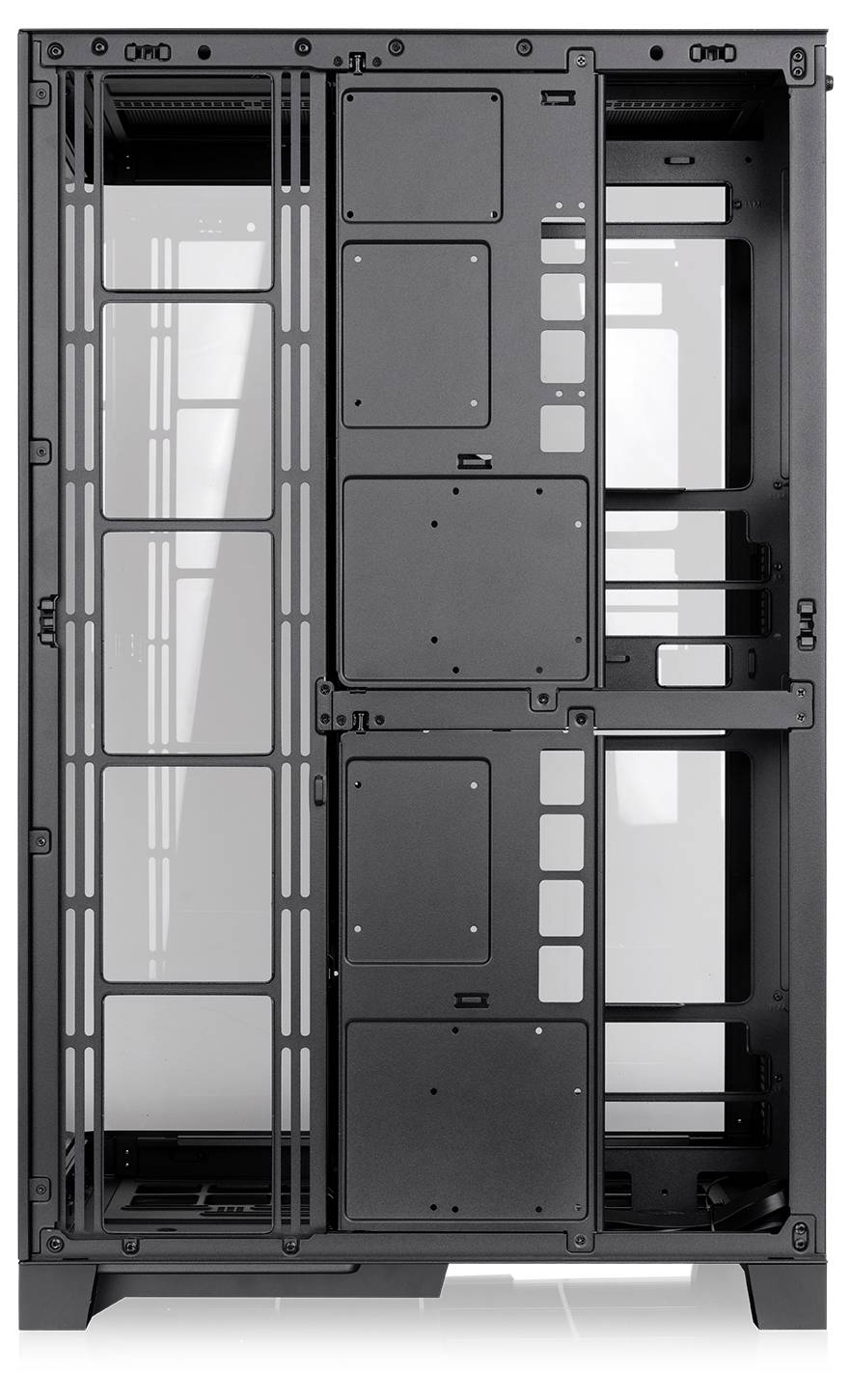 Boîtier d'ordinateur noir vide montrant les panneaux structurels avant, latéral et arrière ainsi que les baies de montage.