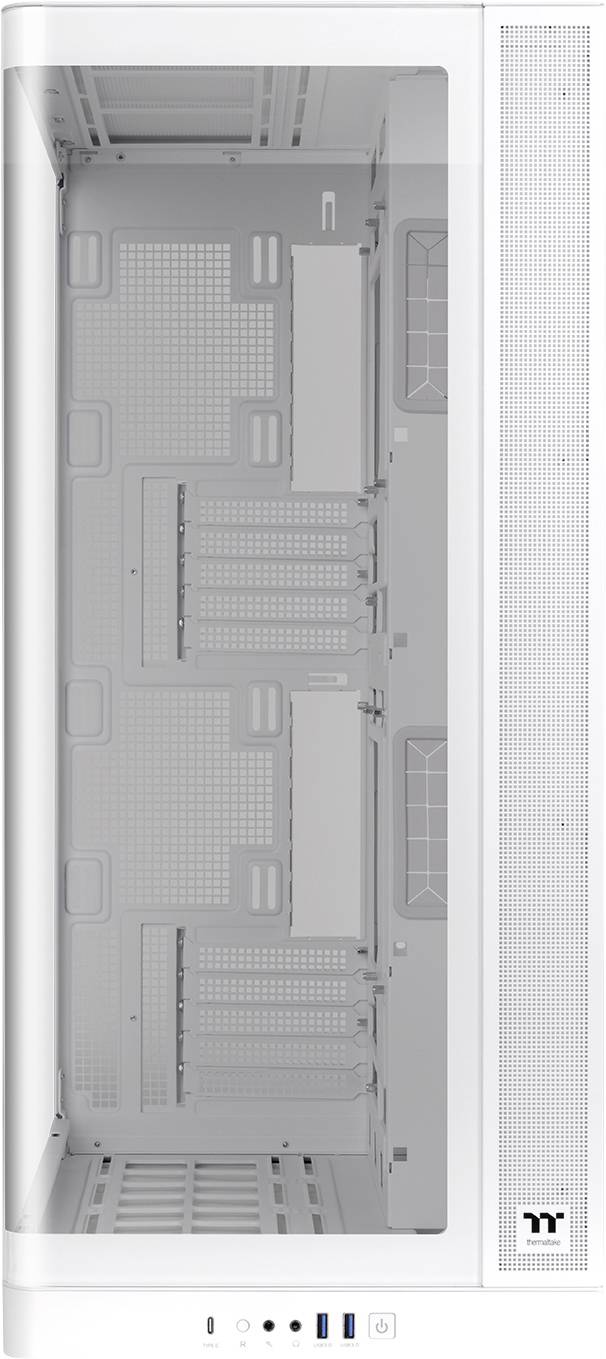Panneau latéral blanc de boîtier d'ordinateur avec verre teinté montrant l'intérieur, et une bande droite étroite avec le logo Thermaltake