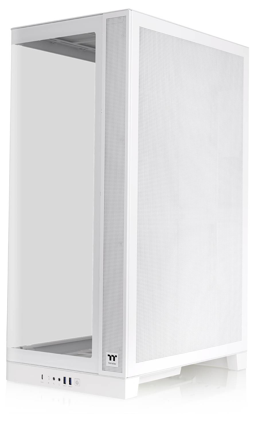 Purificateur d'air rectangulaire blanc avec panneau avant perforé, ouverture d'admission en haut et petits boutons de commande le long du bas.
