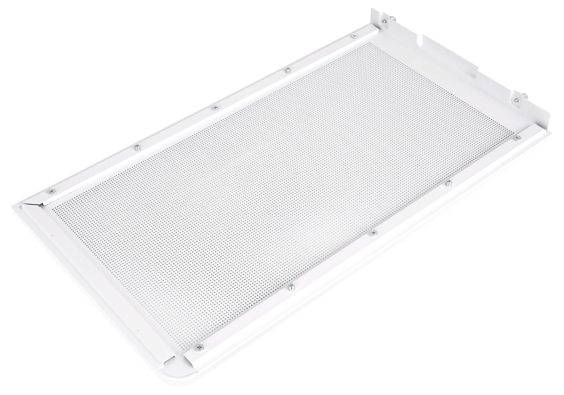 Panneau de maille métallique rectangulaire blanc avec des languettes de montage et des trous de vis, présenté sur un fond blanc.