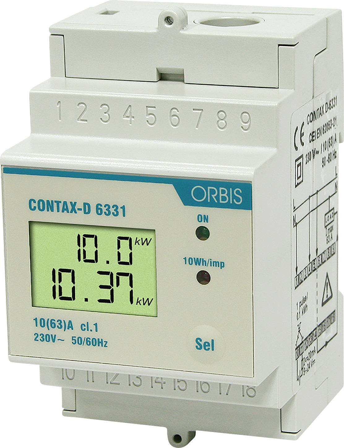Compteur électrique numérique ORBIS CONTAX-D 6331 avec écran LCD affichant 10,0 kW et 10,37 kW, plus voyant ON et numéros de bornes.