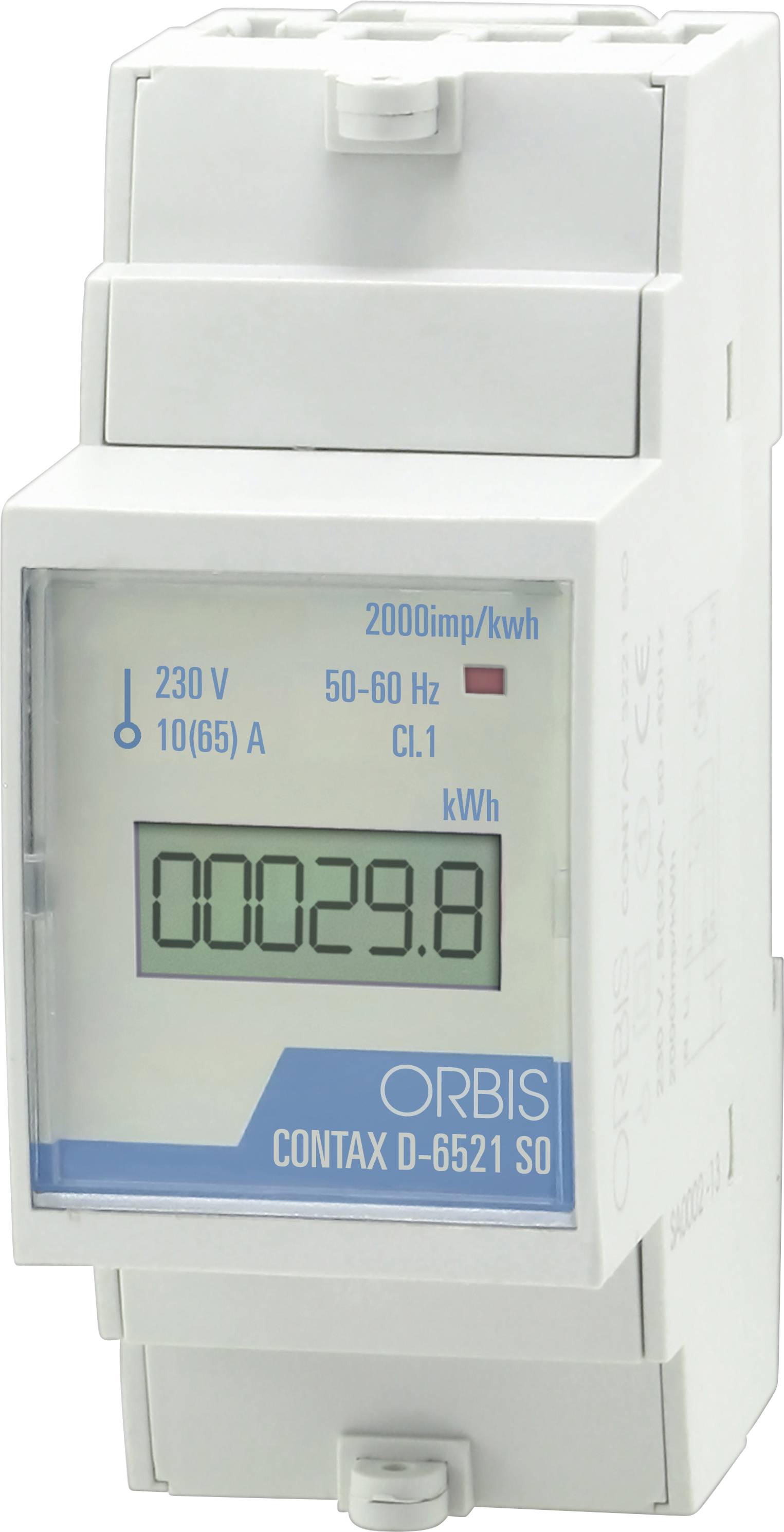 Compteur numérique d'électricité affichant 00029.8 kWh, étiqueté ORBIS CONTAX D-6521 SO, sur un fond blanc.