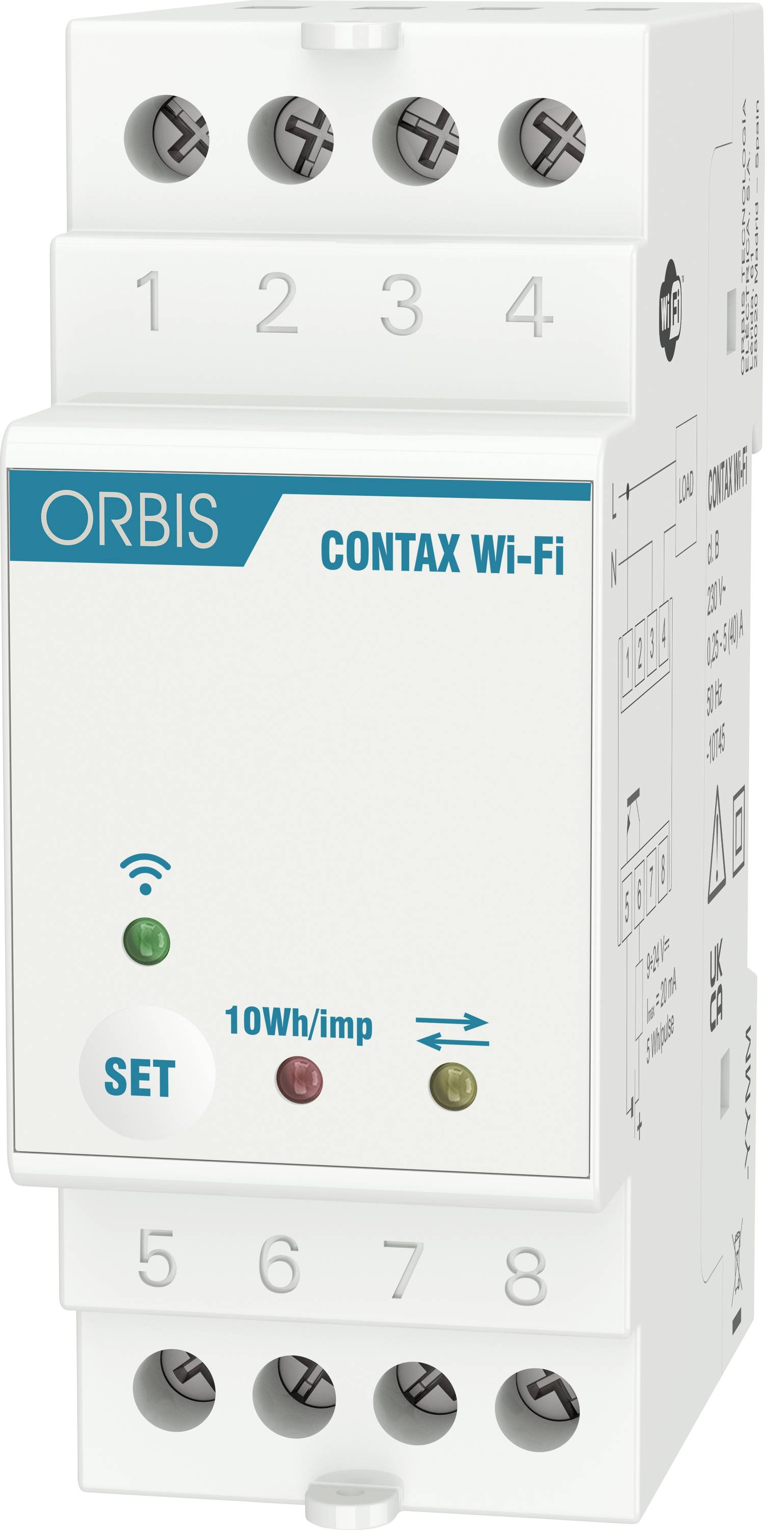 Photo d'un appareil électrique ORBIS CONTAX Wi-Fi blanc, un compteur/contrôleur d'énergie sur rail DIN avec des bornes numérotées et des voyants lumineux.