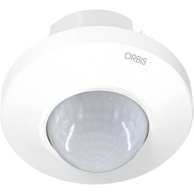 Capteur de mouvement White Orbis monté au plafond avec lentille dôme ronde sur un fond uni.