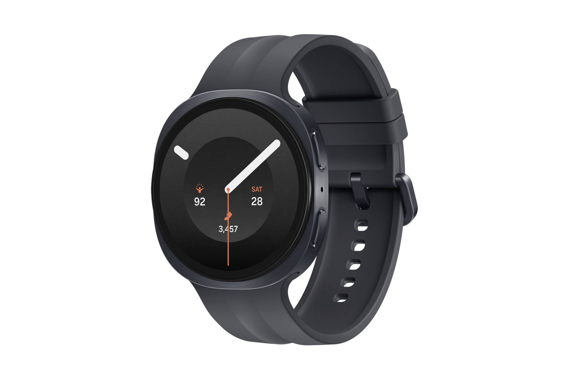 Montre intelligente ronde noire avec bracelet en silicone affichant un cadran de style analogique, fréquence cardiaque 92, date SAM 28, et compteur de pas 3 457.