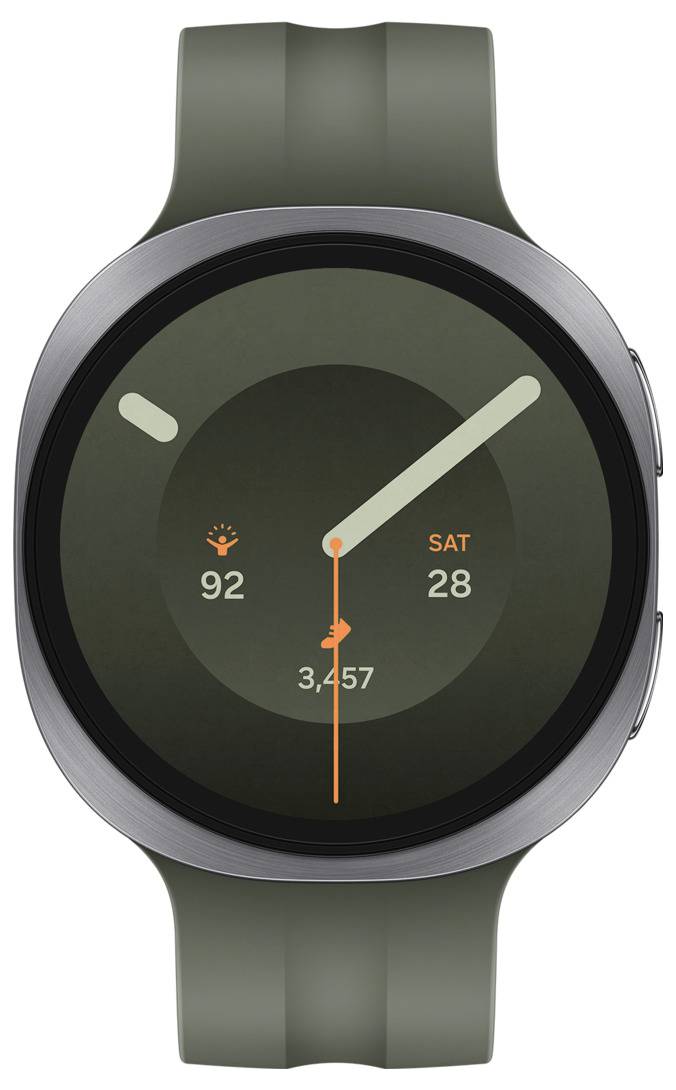 Montre intelligente affichant un cadran de montre de style analogique avec la date « SAM 28 », la température 92 et l'heure 3:57.