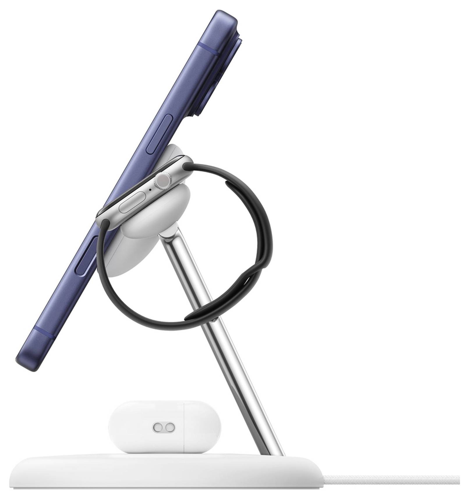 Smartphone bleu affichéé sur un socle de charge blanc avec un anneau de support circulaire et un câble, montrant une configuration de station de charge sans fil.