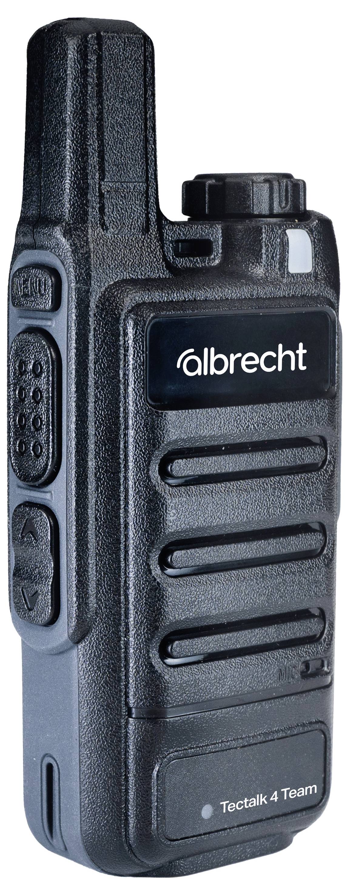 Radio bidirectionnel Black Albrecht Techtalk 4 Team présenté verticalement avec antenne et boutons latéraux sur fond blanc.