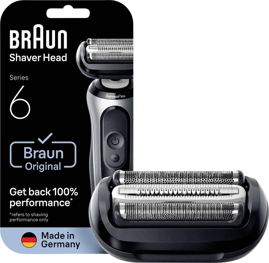 Tête de rasoir Braun Series 6 en emballage montrant la tête de remplacement et « Braun Original », « Fabriqué en Allemagne »