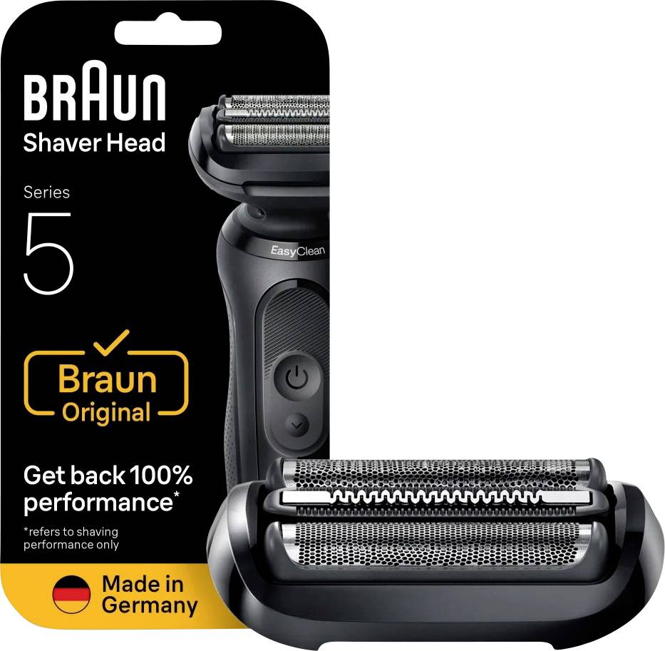 Emballage de tête de rasoir Braun Series 5 avec image du produit, texte « Braun Original », « Récupérez 100% de performance » et « Fabriqué en Allemagne ».