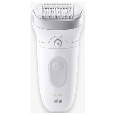 Épilateur électrique Braun Silk-épil 7 blanc présenté en vue de face, avec la tête et le bouton d'alimentation visibles.