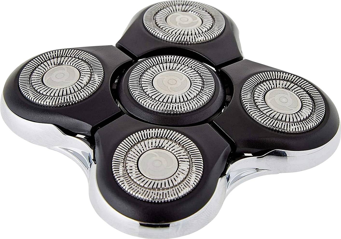 Rasoir électrique rotatif à cinq têtes avec boîtier noir et chromé sur fond blanc.