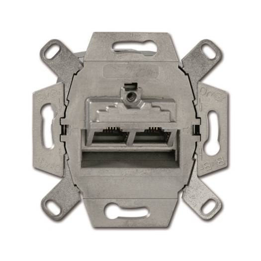 Prise Ethernet murale en métal avec deux ports RJ45 et supports de montage.