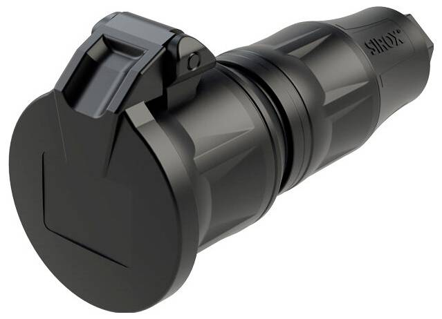 Connecteur électrique industriel noir avec un capuchon de protection à charnière et un boîtier cylindrique, présenté sur un fond blanc.