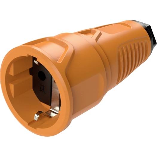 Connecteur de fiche électrique industrielle orange montré sur un fond blanc, incliné pour révéler l'ouverture de la prise et les contacts internes.