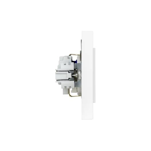 Vue latérale d'un interrupteur blanc ou d'un variateur de lumière sortant d'un mur sur un fond blanc uni.