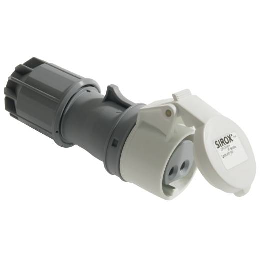 Connecteur de prise électrique industrielle avec capuchon blanc à charnière et corps gris, étiqueté « SIROX » sur un fond uni.