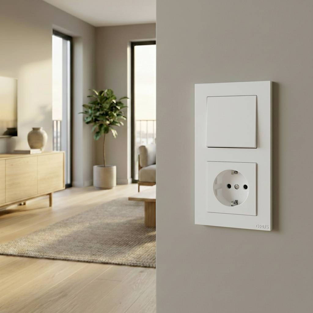 Interrupteur mural blanc et prise électrique dans un salon moderne, avec canapé, meuble, plante et grandes fenêtres en arrière-plan.