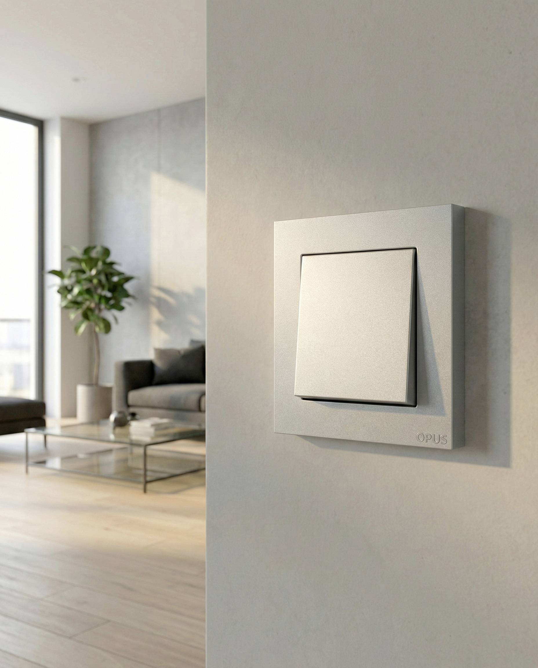 Interrupteur mural moderne dans un salon minimaliste, avec une plaque carrée blanche sur un mur pâle et un intérieur lumineux et aéré en arrière-plan.