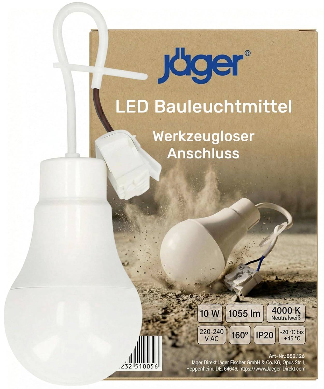 Emballage pour une ampoule LED Jäger, étiquetée « LED Bauleuchtmittel » et « Connexion sans outils », montrant une ampoule blanche et les spécifications techniques : 10 W, 1055 lm, 4000 K, IP20.
