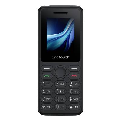 Vue de face d'un téléphone à clavier Alcatel OneTouch noir avec petit écran, bouton de navigation central et clavier physique avec boutons d'appel et de fin d'appel.