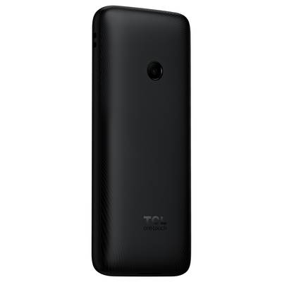 Vue arrière d'un téléphone mobile TCL OneTouch noir, montrant une seule caméra arrière centrée près du haut et le logo TCL OneTouch près du bas.