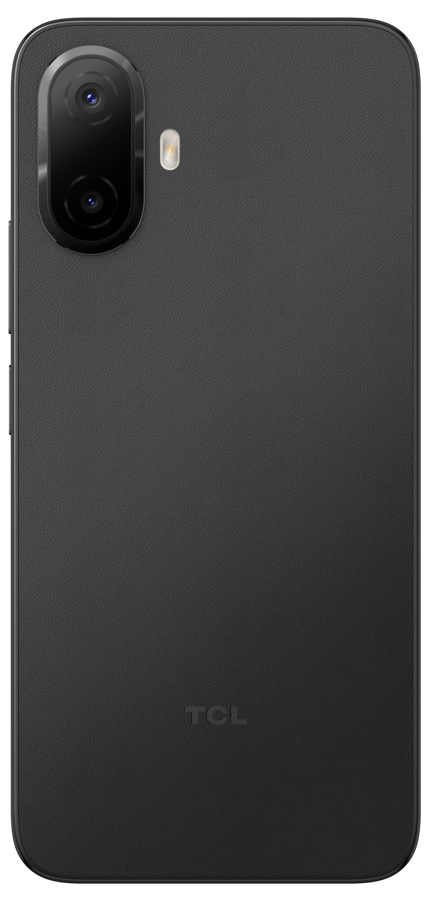 Arrière d'un smartphone TCL noir avec deux caméras arrière dans un module vertical et un flash LED près du haut à gauche.