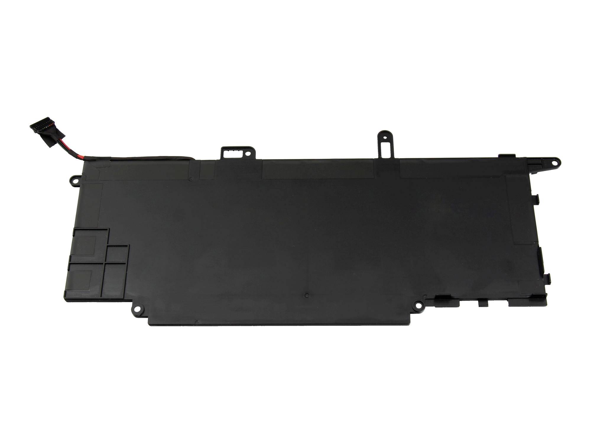 Batterie d'ordinateur portable noire avec câble connecteur et pattes de montage présentées sur un fond blanc.