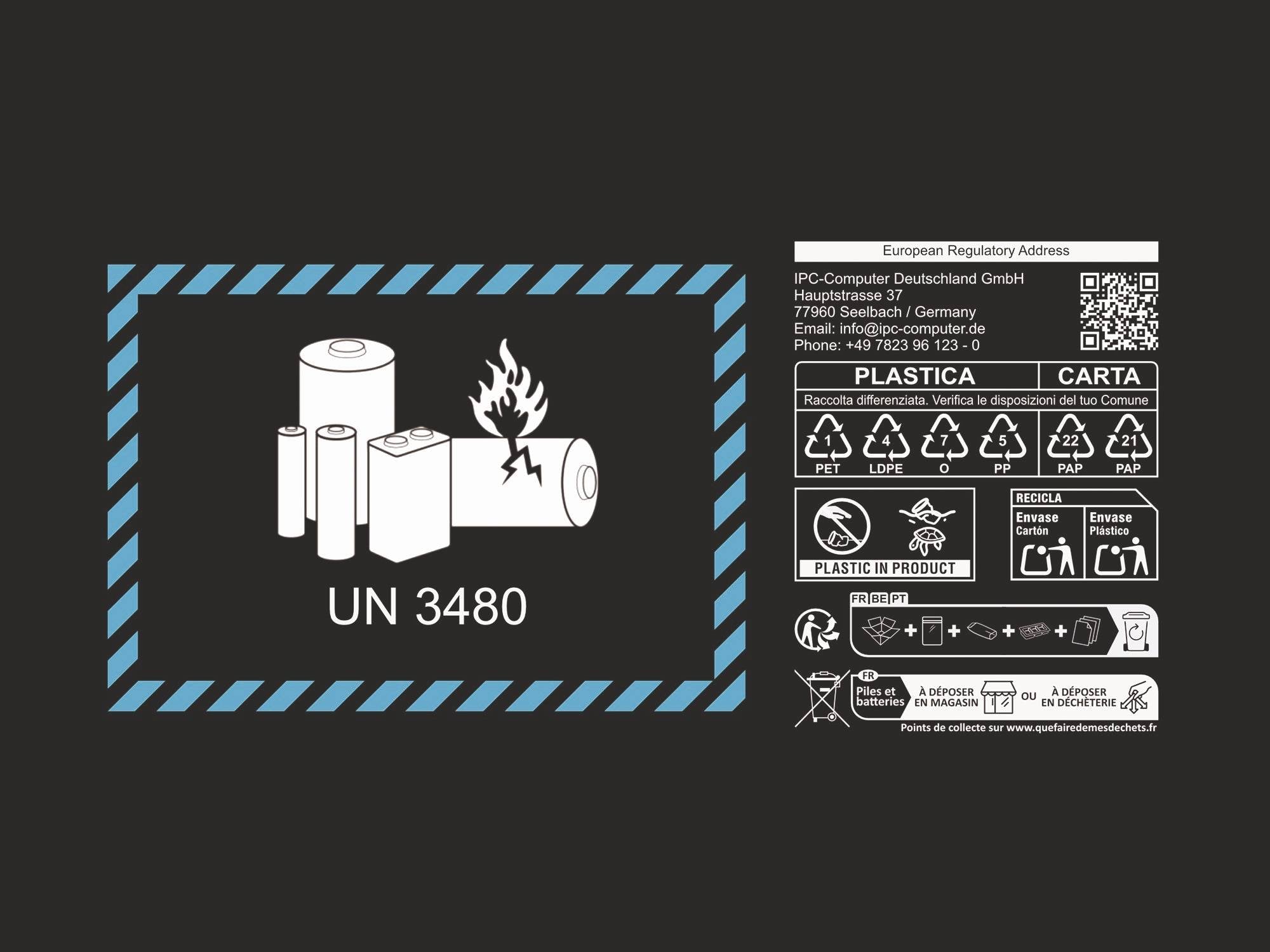 Étiquette de danger pour batterie au lithium montrant UN 3480 avec symbole de feu de batterie et instructions de recyclage/élimination en allemand et espagnol.