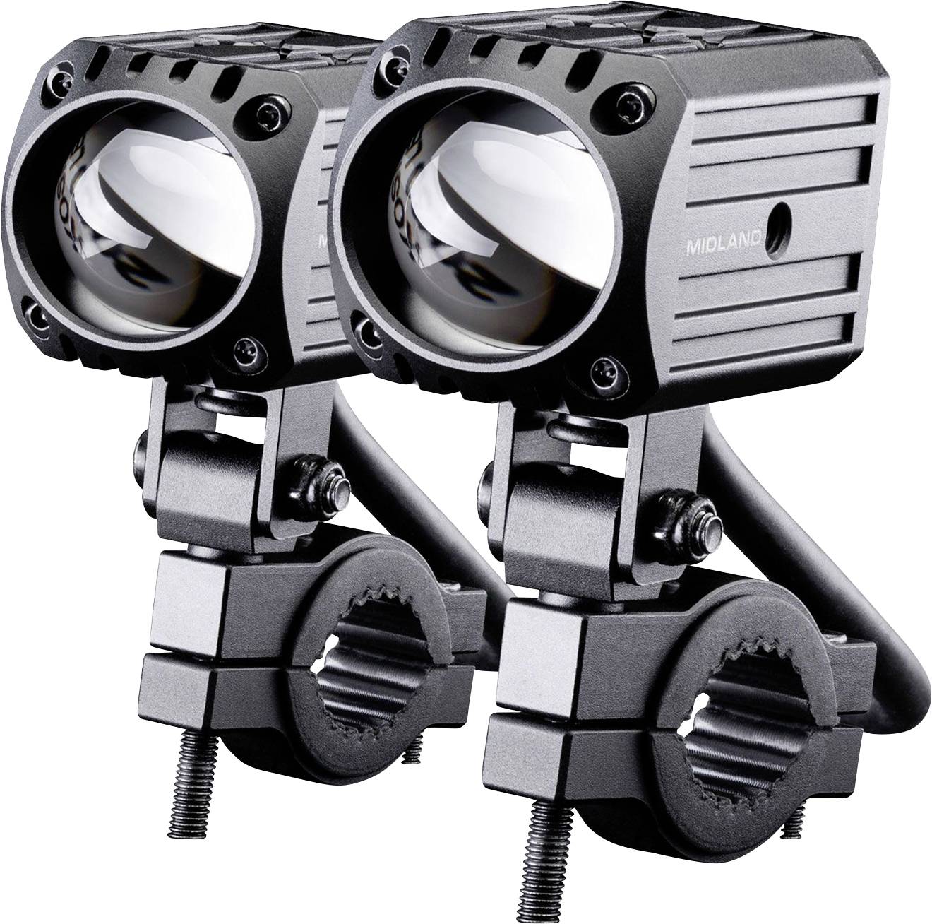 Paire de projecteurs auxiliaires de motocyclette noirs avec supports de serrage ajustables sur fond blanc