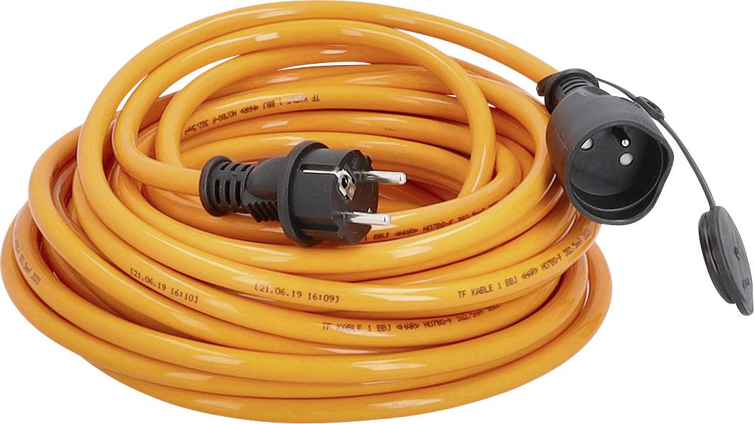 Cordon de rallonge électrique orange enroulé avec des extrémités de prise et de socle noires.