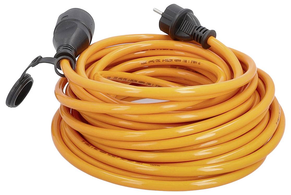 Cordon de rallonge d'extérieur orange enroulé avec fiche et prise noires sur fond blanc.