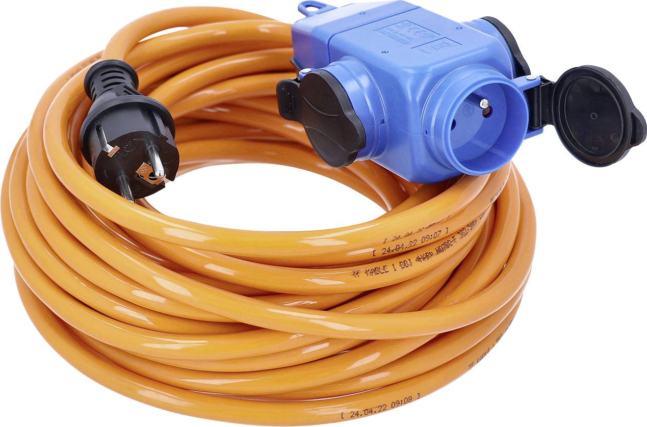 Cordon de rallonge orange enroulé avec prise double bleue et fiches noires sur un fond blanc.