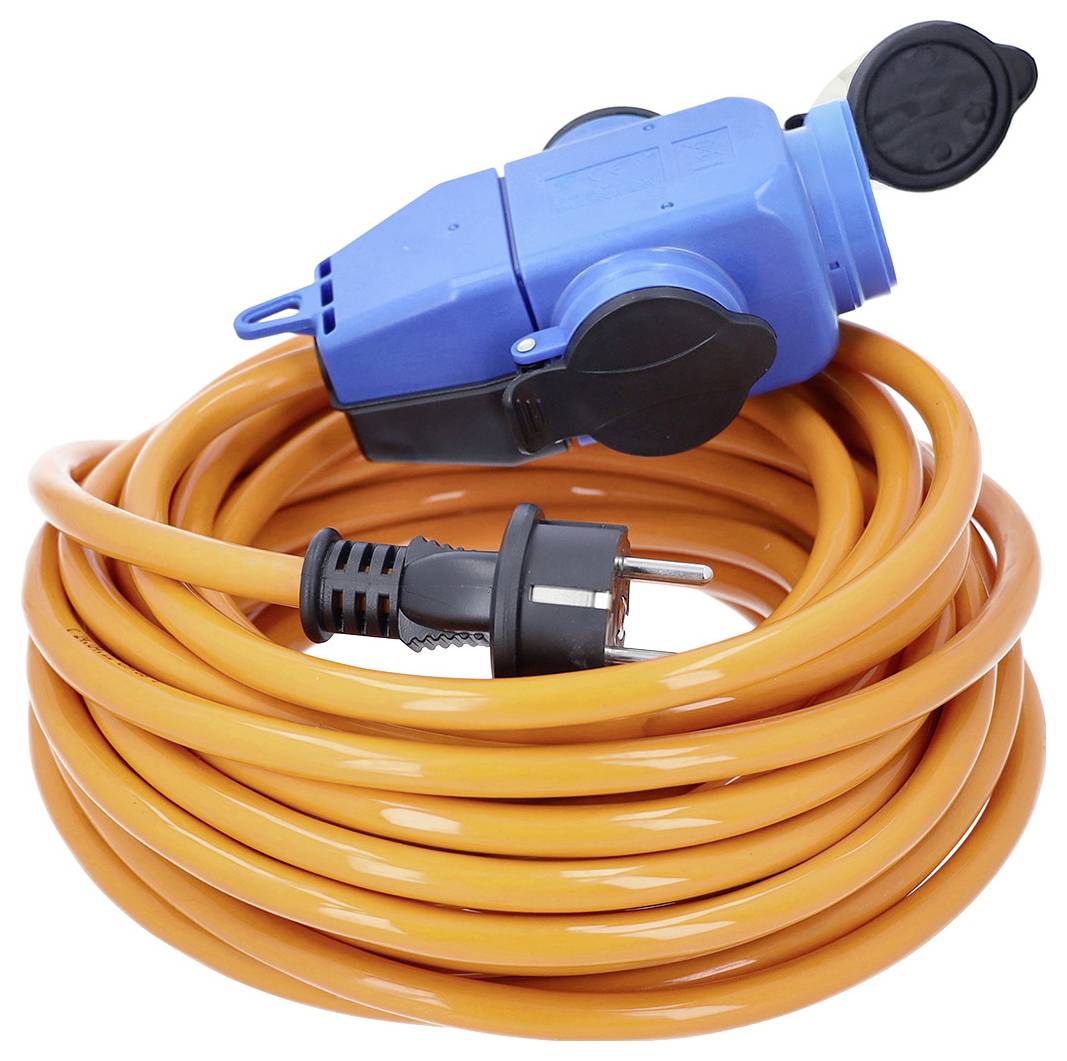 Cordon de rallonge enroulé orange avec fiche bleue et connecteur électrique européen noir sur fond blanc.