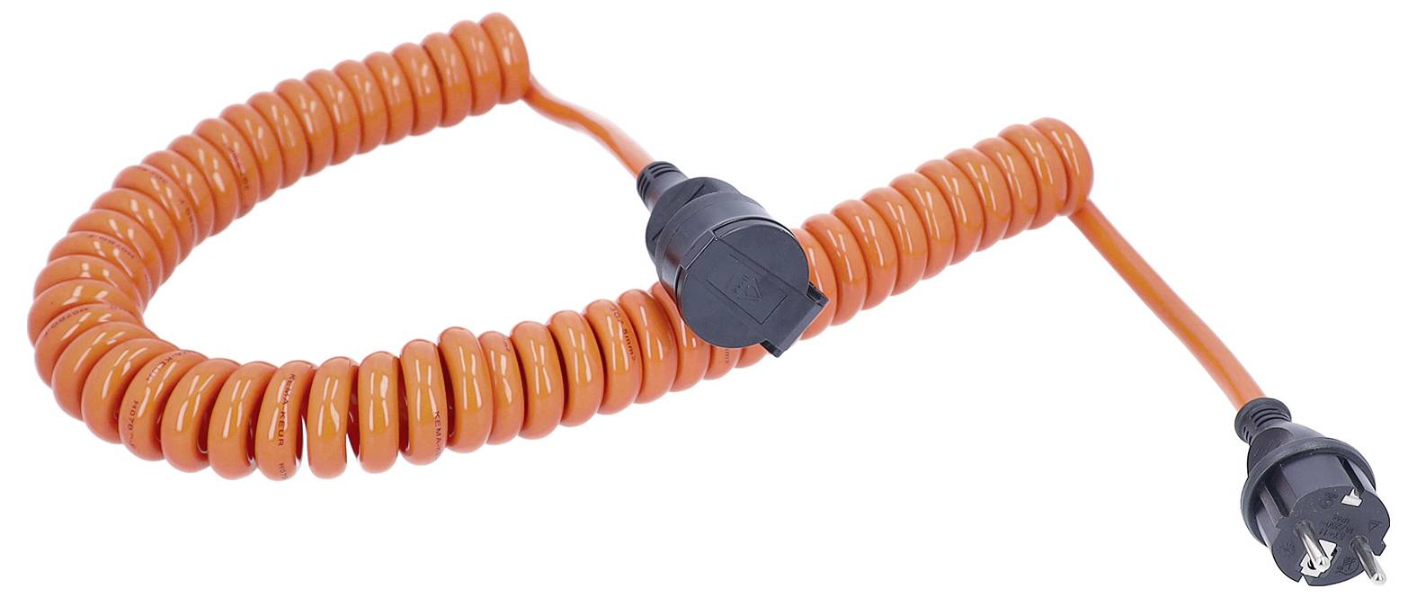 Cordon d'extension enroulé orange avec des connecteurs noirs, montré sur un fond blanc.