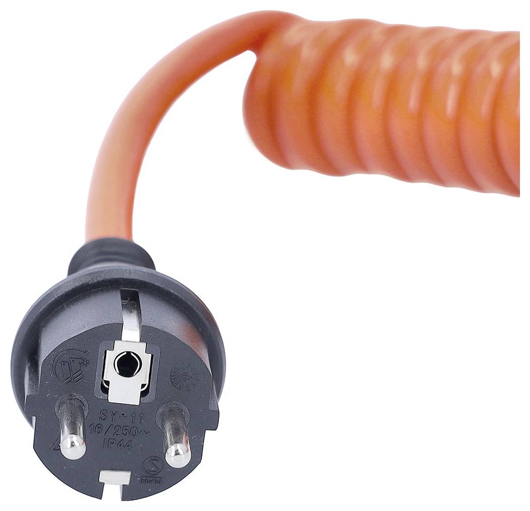 Câble électrique orange avec une prise européenne de style noir montré en gros plan sur fond blanc.