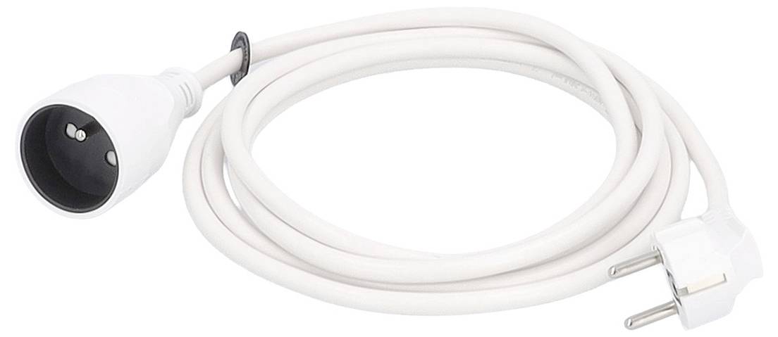 Cordon d'alimentation blanc avec une fiche à deux broches et une prise femelle fixée à un câble enroulé.