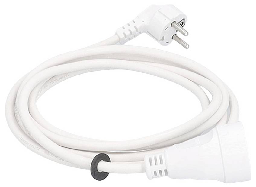 Cordon d'alimentation électrique blanc avec fiche bipolaire et connecteur de prise, enroulé sur un fond blanc.