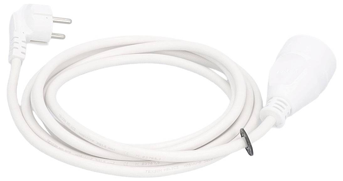 Cordon prolongateur électrique blanc enroulé avec des extrémités mâle et femelle sur fond blanc.