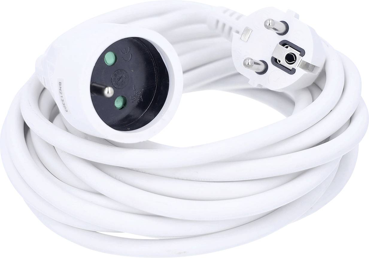 Cordon blanc d'extension électrique enroulé avec une fiche bipolaire et une prise de courant assortie sur un fond blanc.