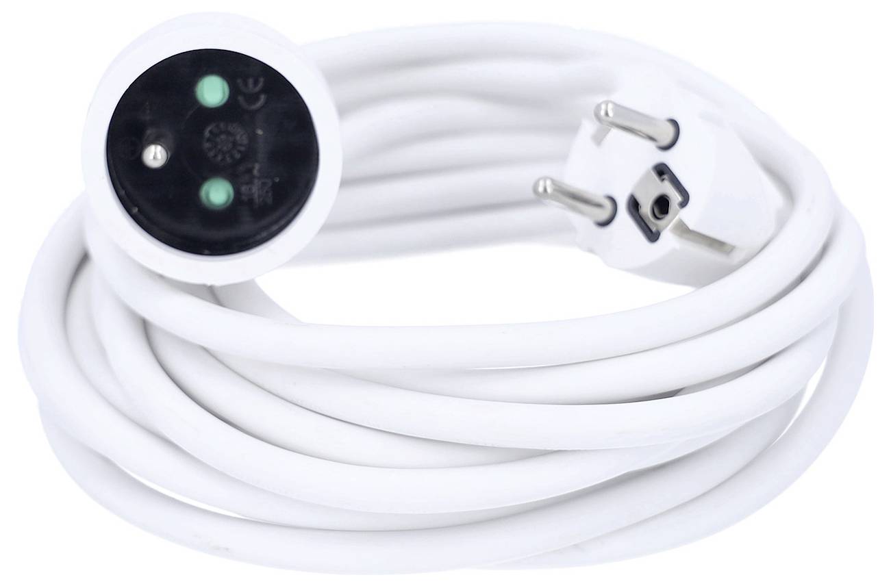 Cordon d'alimentation blanc enroulé avec un adaptateur de prise ronde et trois voyants indicateurs à l'extrémité du connecteur.