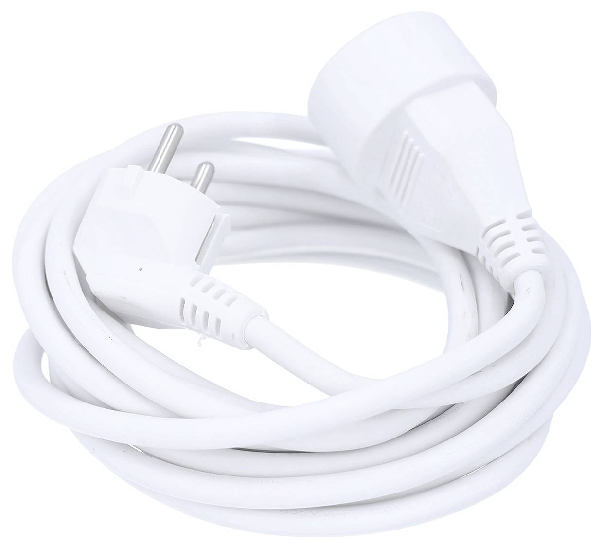 Cordon d'alimentation électrique blanc enroulé avec une fiche européenne à deux broches et un connecteur correspondant