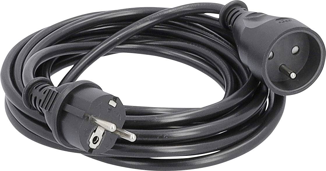 Câble de rallonge électrique noir enroulé avec connecteurs de type européen à fiche et prise sur fond blanc.