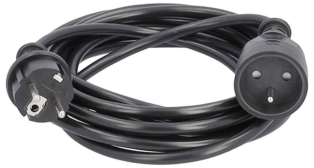 Cordon de rallonge électrique noir enroulé soigneusement, avec une fiche mâle à deux broches à une extrémité et une prise femelle ronde à l'autre extrémité.
